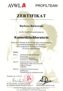 Zertifikat Kosmetikfachberaterin Frau Borkowski